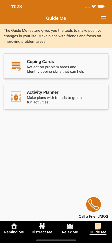Virtual Hope Box (new) - Guide Me interface of the Virtual Hope Box app showing options for Coping Cards and an Activity Planner.