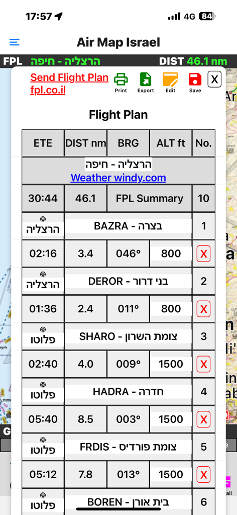Air Map Israel - A detailed flight plan display within the Air Map Israel app featuring navigation waypoints altitude and distance data