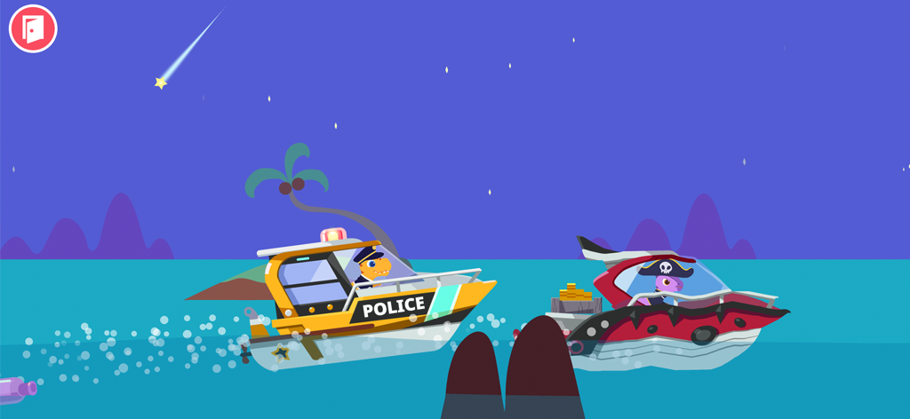 Dinosaur Police Car kids Games - 夜に海賊恐竜をスピードボートで追跡する恐竜警察官