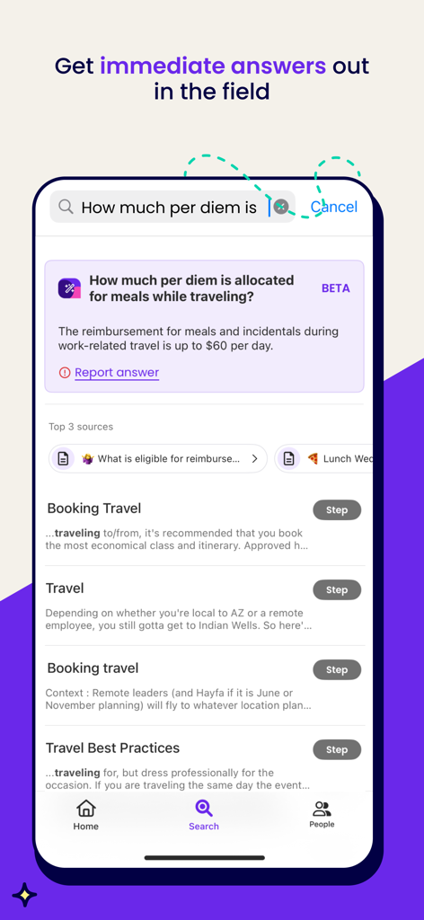 Trainual - Trainual mobile app search interface showing immediate answers for company policies and travel per diem.