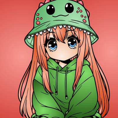 girl with anime shaped eyes with a dinosaur bucket hat oversized sweatshirt long straight hair