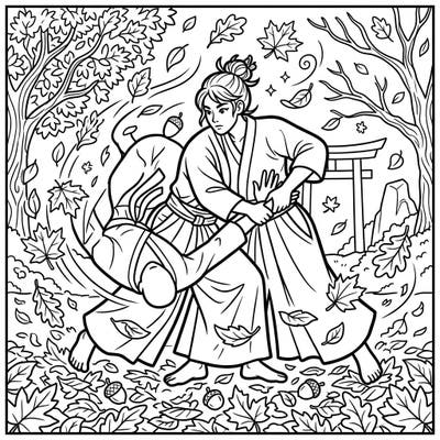 Embrace the energy of martial arts and the beauty of fall with this captivating coloring page. Watch two Aikido practitioners in a dynamic pose, surrounded by swirling autumn leaves and forest elements.