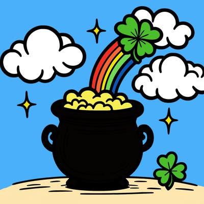 simple pot of gold with clouds and a shamrock