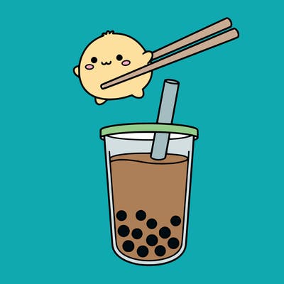 a baby mochi in chop sticks and boba tea