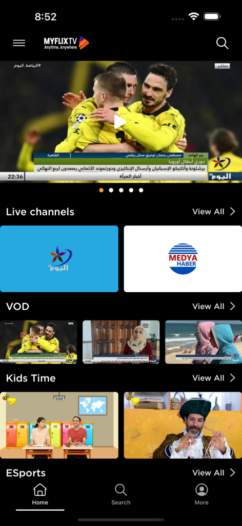 Interface of the MyFlix app showcasing categories like Live channels, VOD, and Kids Time with Arabic content.