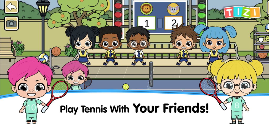 My Tizi School Cafe World Game - Cartoon characters playing tennis on a school sports court with a scoreboard and bleachers