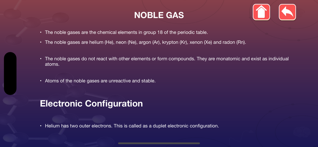 Educational screen explaining noble gases and electronic configuration in the chemical bonding app