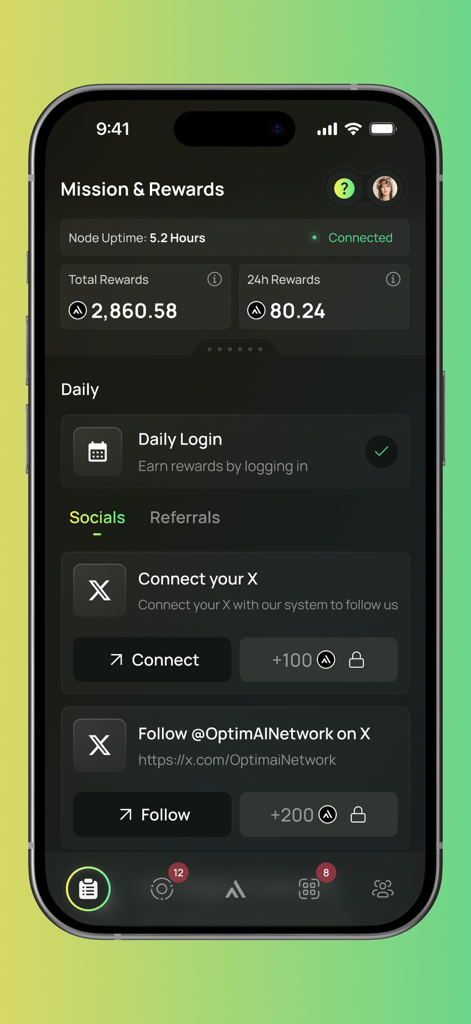 OptimAI Edge Node - OptimAI Edge Nodeアプリのインターフェース。ノードの稼働時間とAIタスクから獲得した総報酬が表示されます。