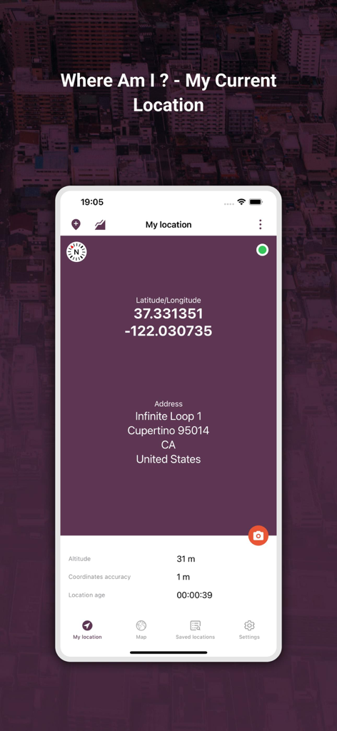 My GPS Locationアプリの画面に、正確な緯度経度座標と番地が表示されています