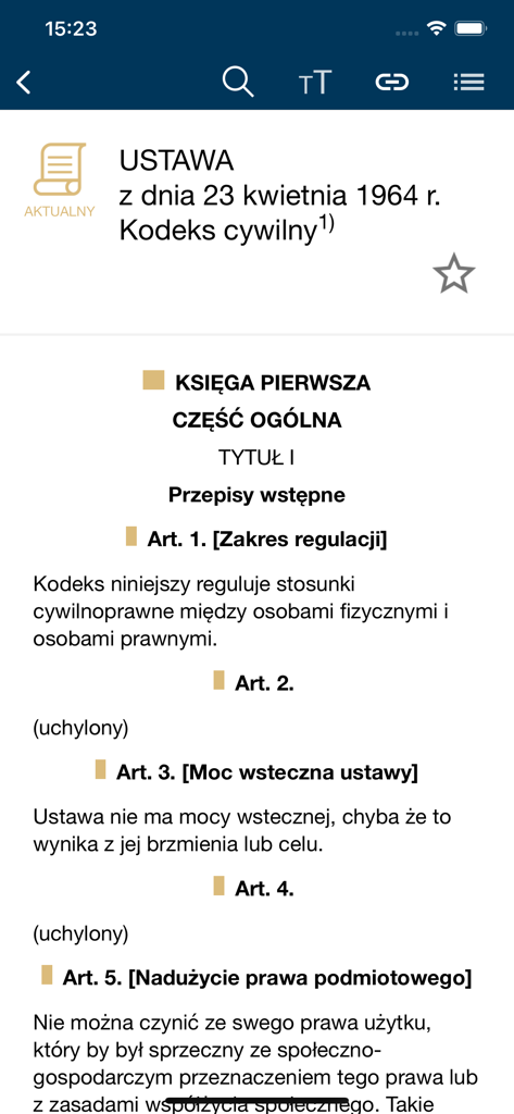 Écran mobile affichant le texte du Code civil polonais dans l'application Akty Prawne