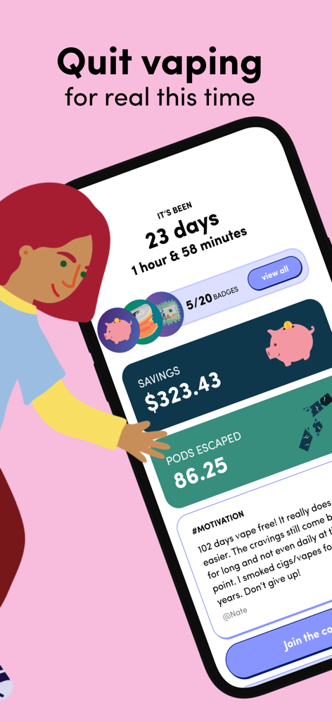 Escape the Vape - Quit Vaping - Interface do aplicativo móvel mostrando 23 dias sem vaporizar com economias e apoio da comunidade
