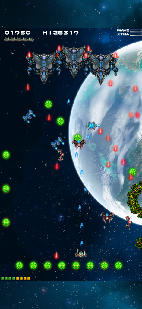 Captura de pantalla del juego de Barrel Defender Galaxy que muestra jugabilidad retro arcade con una nave espacial defendiendo barriles de energía contra enemigos alienígenas en el espacio.