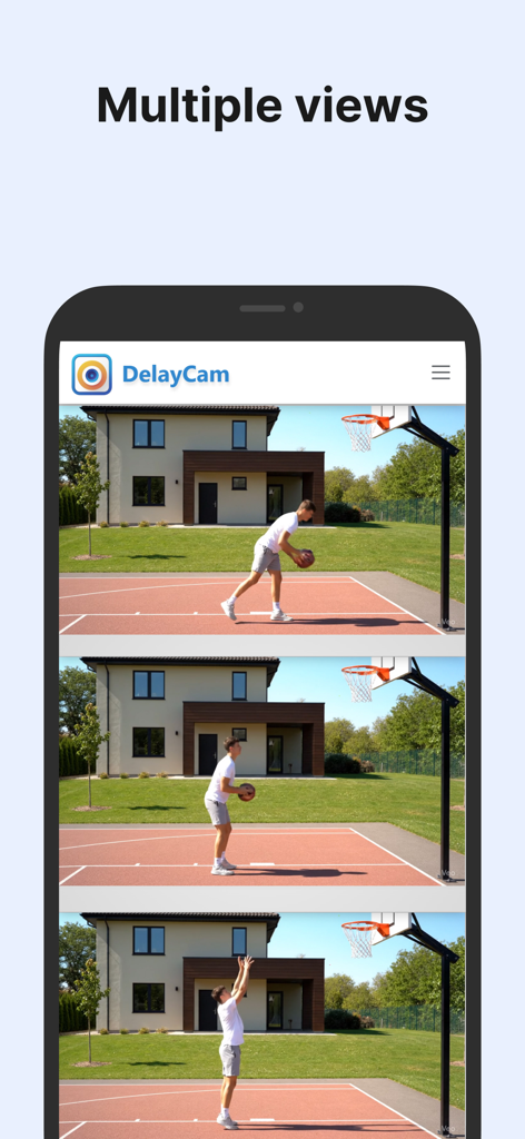 DelayCam - Interface do aplicativo DelayCam com múltiplas visualizações de vídeo de um jogador de basquete praticando um arremesso.