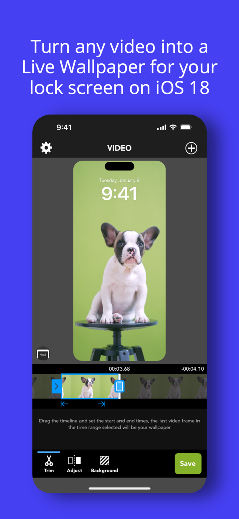 Interfaz de iPhone que muestra el editor de la aplicación Video Wallpaper convirtiendo un video de cachorro en una pantalla de bloqueo animada.
