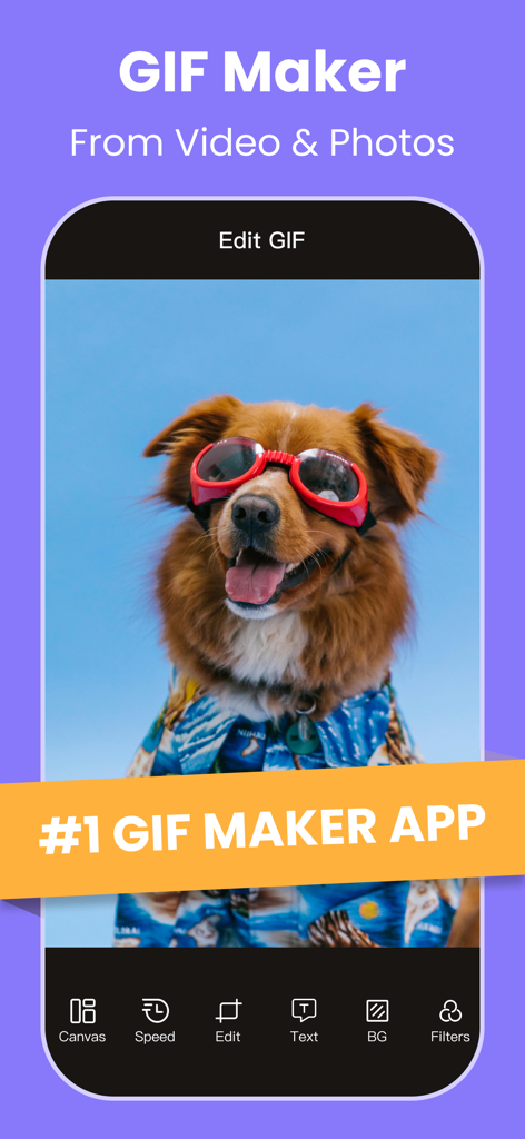 GIF Maker - Turn Video to GIFs - Interface do aplicativo Criador de GIF mostrando um meme de cachorro com ferramentas de edição como velocidade, tela e filtros.