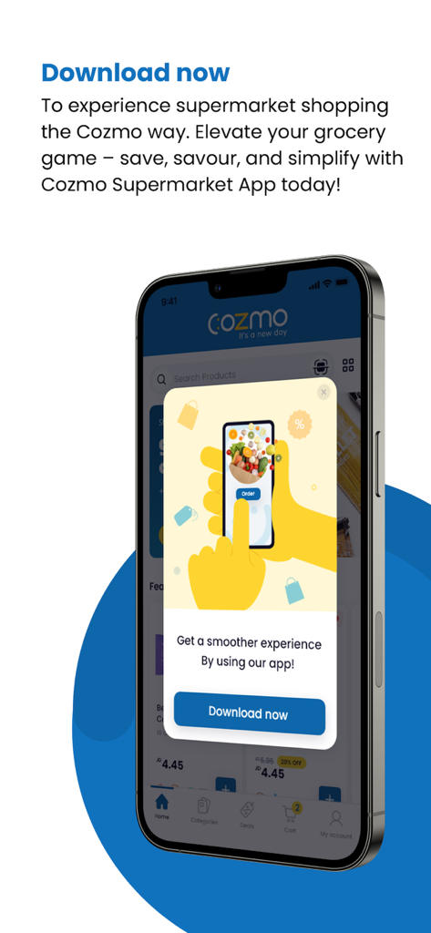 Cozmo supermarket app download prompt on a smartphone screen