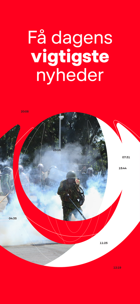 빨간색 배경과 원형 뉴스 이미지가 있는 덴마크 뉴스 하이라이트를 표시하는 DR Nyheder 앱 인터페이스