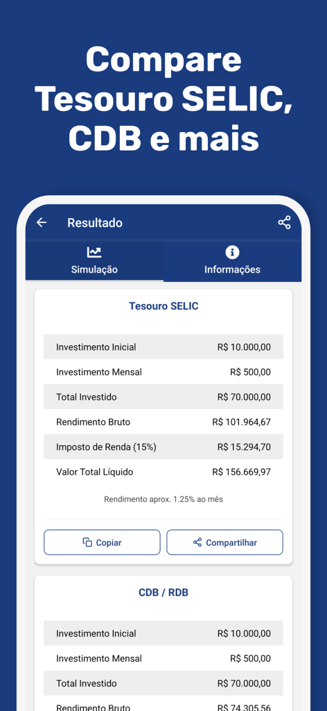 Una pantalla de la aplicación móvil que compara los rendimientos de inversión para Tesouro SELIC y CDB