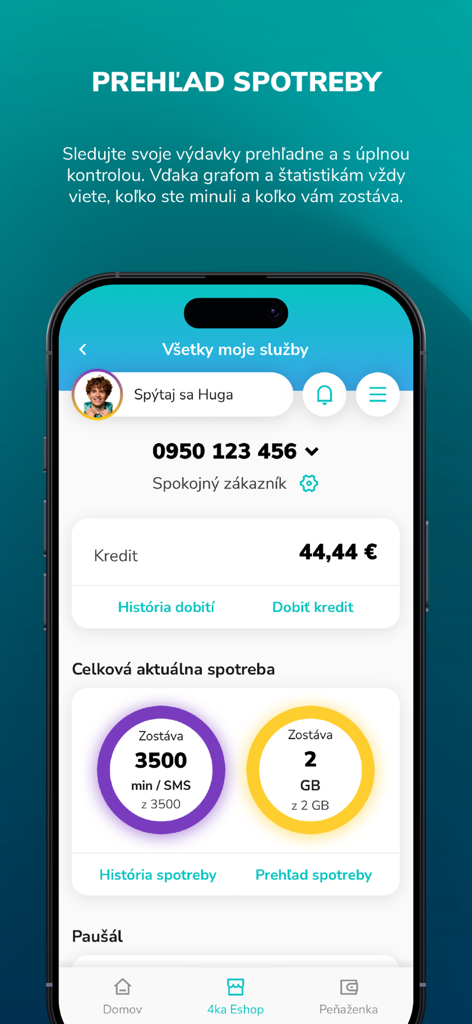 Painel do aplicativo Moja 4ka exibindo saldo da conta e dados móveis e minutos restantes