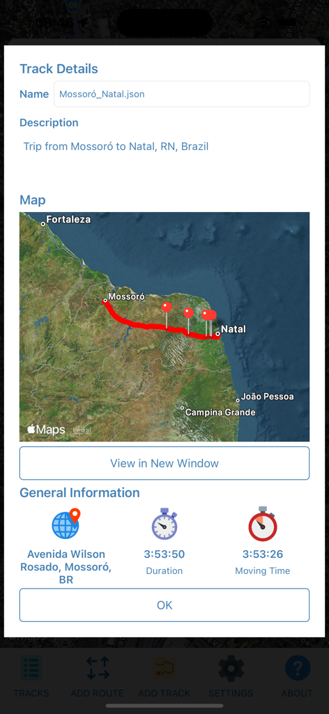 GeoTracker Lite app showing track details with a route map and trip duration stats