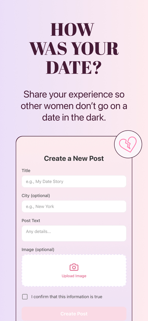 Sistr: Vetted Dating - Eine mobile Oberfläche für die Sistr App mit dem Titel "How Was Your Date?", auf der Benutzer einen neuen Beitrag erstellen können, um ihre Dating-Erfahrungen zu teilen.