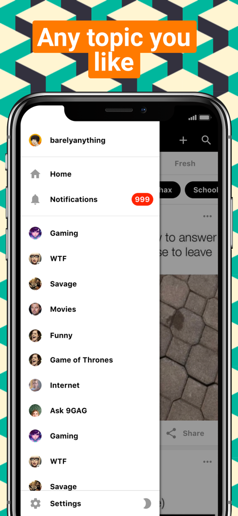 9GAG: Best LOL Pics & GIFs - 9GAGモバイルアプリのサイドメニュー。ゲーム、サベージ、面白いなどのさまざまなコンテンツカテゴリが表示されています。