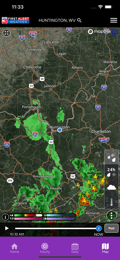 WSAZ First Alert Weather app interactive radar map showing live storm tracking and lightning alerts near Huntington West Virginia