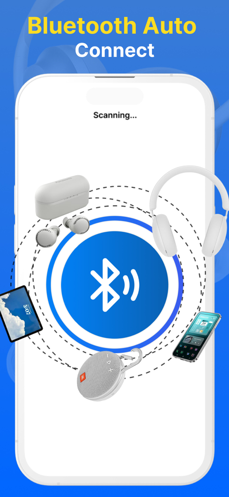 Bluetooth Finder : Ble Scanner - Bluetooth Auto Connect interface showing a central icon scanning for nearby devices like headphones, speakers, and tablets.