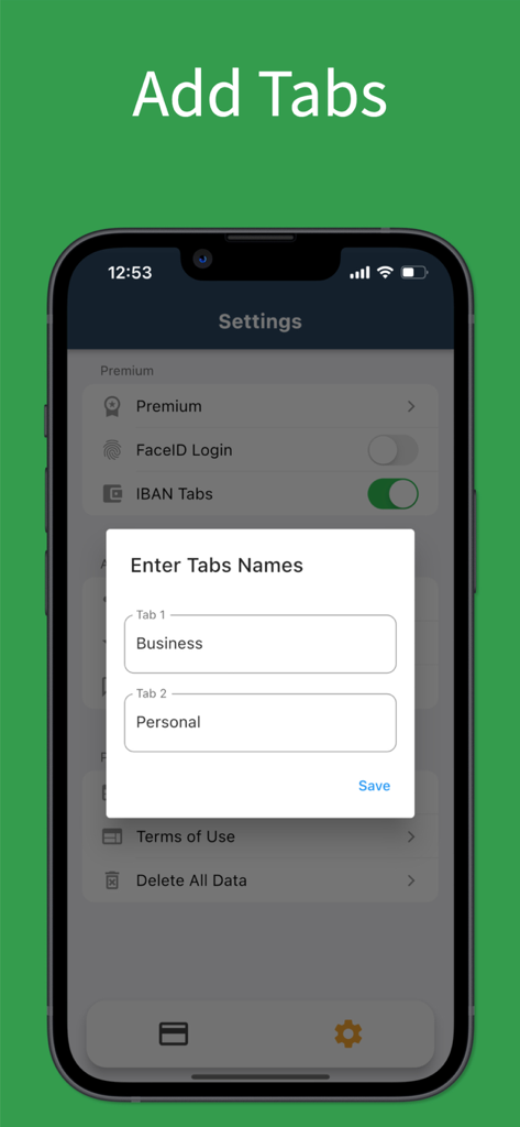 Card IBAN Wallet - Interfaccia dell'app Card IBAN Wallet che mostra la funzionalità per aggiungere schede personalizzate per organizzare conti aziendali e personali.