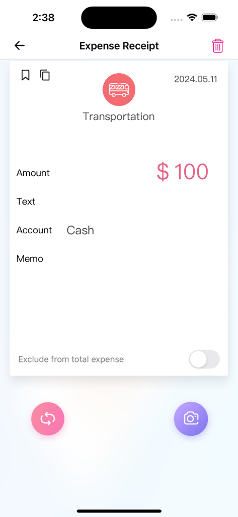 A manual entry for a transportation expense of 100 dollars in the Weple Money app.