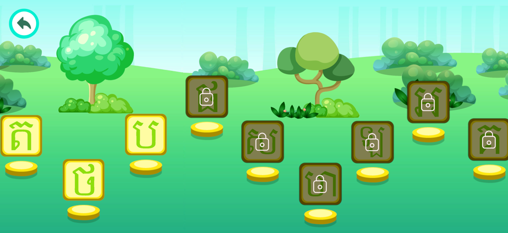 Pantalla de selección de nivel de juego que muestra caracteres Khmer en plataformas en un paisaje de dibujos animados