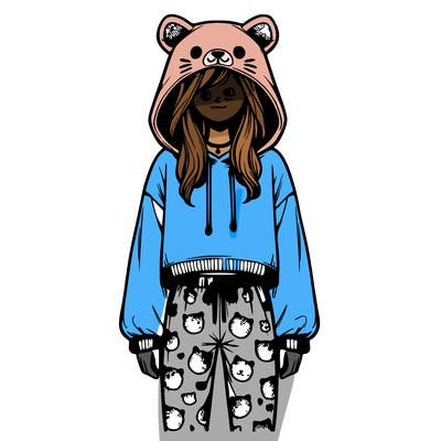 realistic girl wearing animal pj's oversized hoodie crop top and leggings full body picture