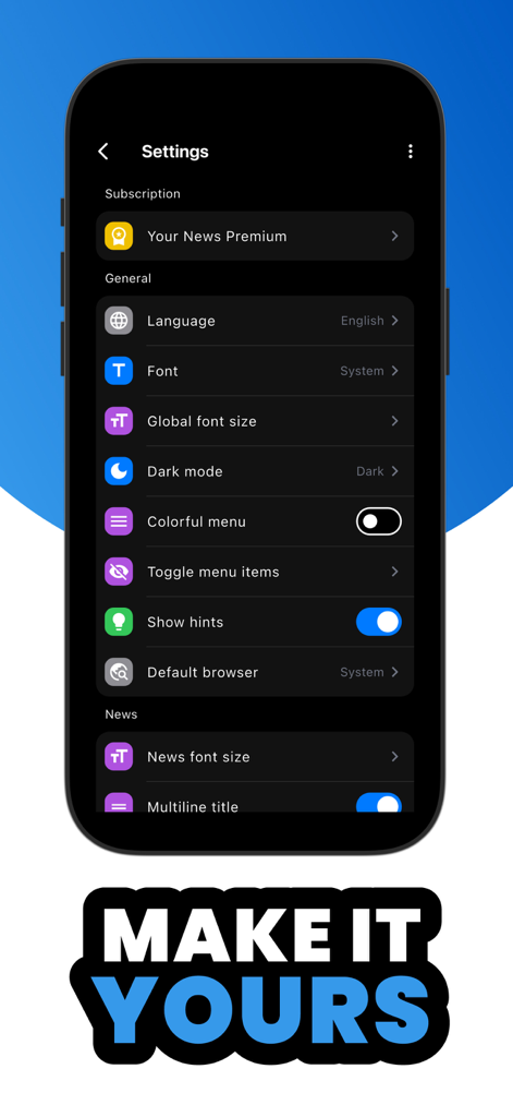 The settings screen of the RSS Reader app showing font, theme, and language customization options.