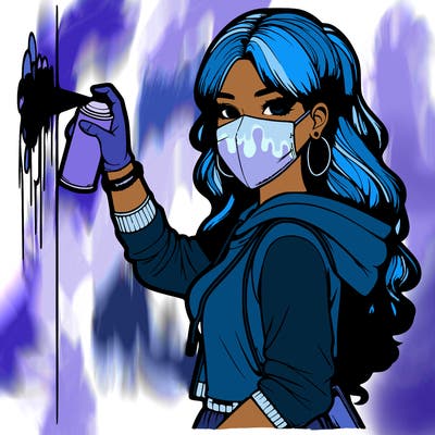 realistic girl with mask spray painting a wall