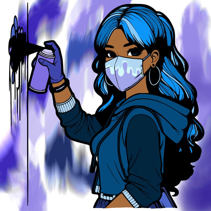 realistic girl with mask spray painting a wall