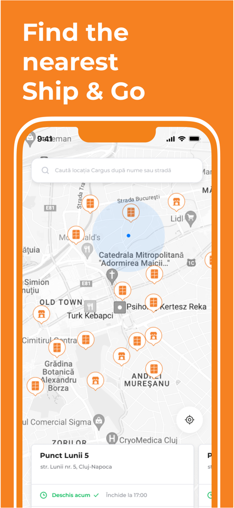 Cargus Mobile - Cargus Mobile app map showing nearby Ship and Go locations for parcel pickup