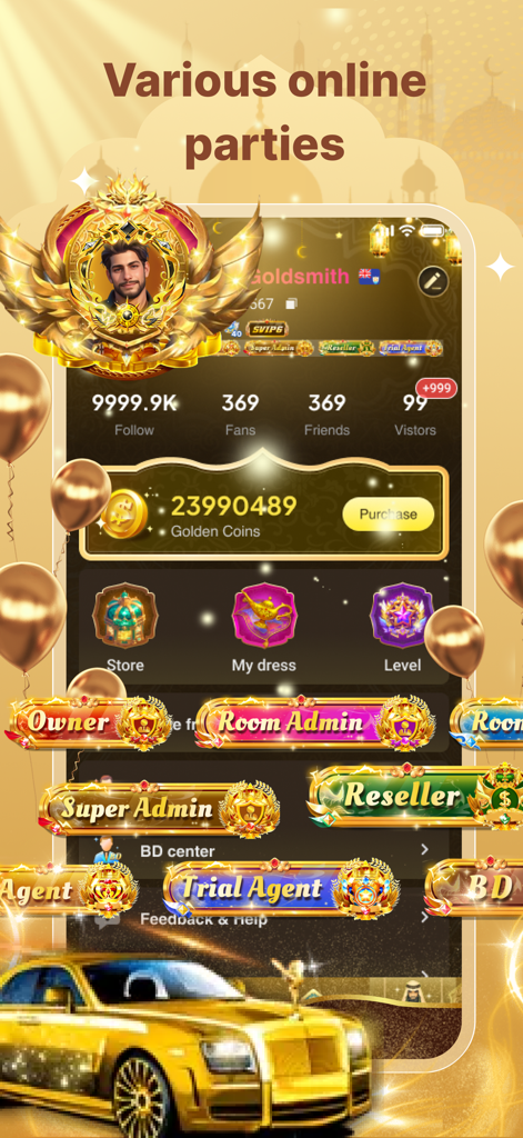 Hayuki - Travel,Chat,Share - Hayuki app user profile interface displaying various online party features and luxury gold-themed status badges