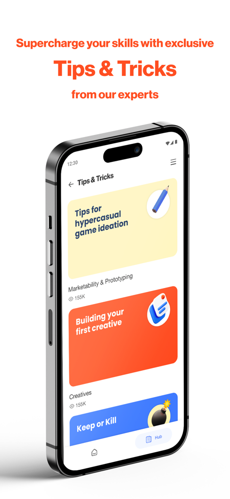 Supersonic App - Screenshot of the Tips and Tricks section in the Supersonic App showing guides for game ideation and creative building.