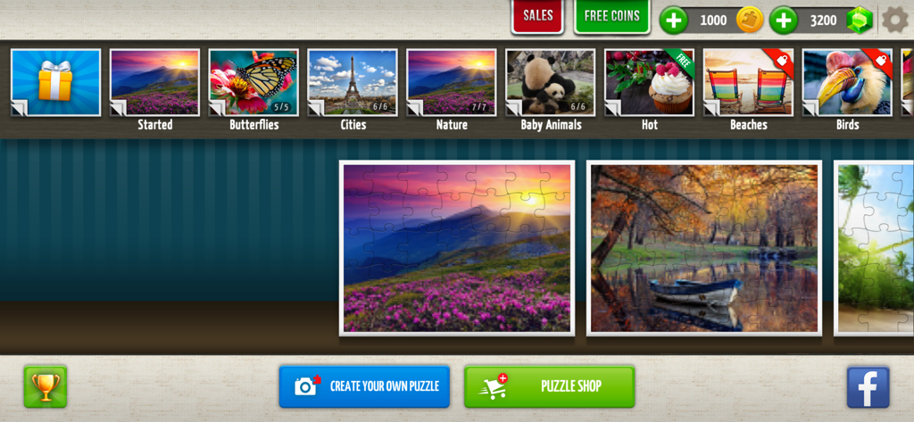 Jigsaw Puzzles World - Jigsaw Puzzles World app gallery interface displaying puzzle categories like Nature and Baby Animals