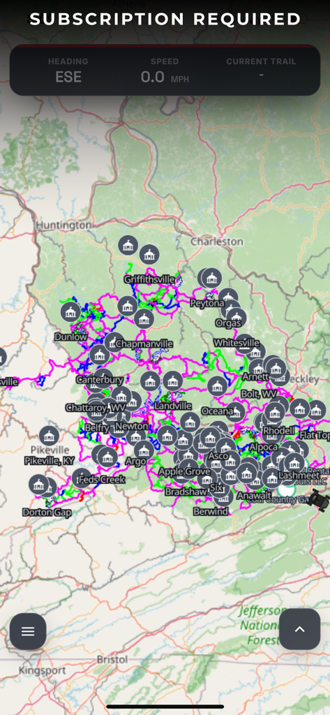 Trail X Trail - Screenshot of the Trail X Trail app showing a detailed topographical map with custom waypoints and colored off-road tracking paths