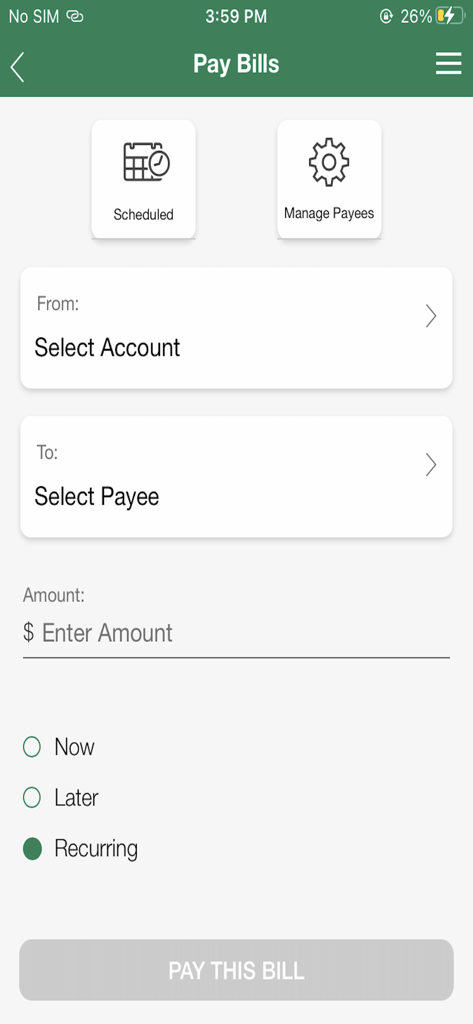 Tela Pagar Contas do aplicativo de mobile banking YNCU mostrando opções de agendamento de pagamento