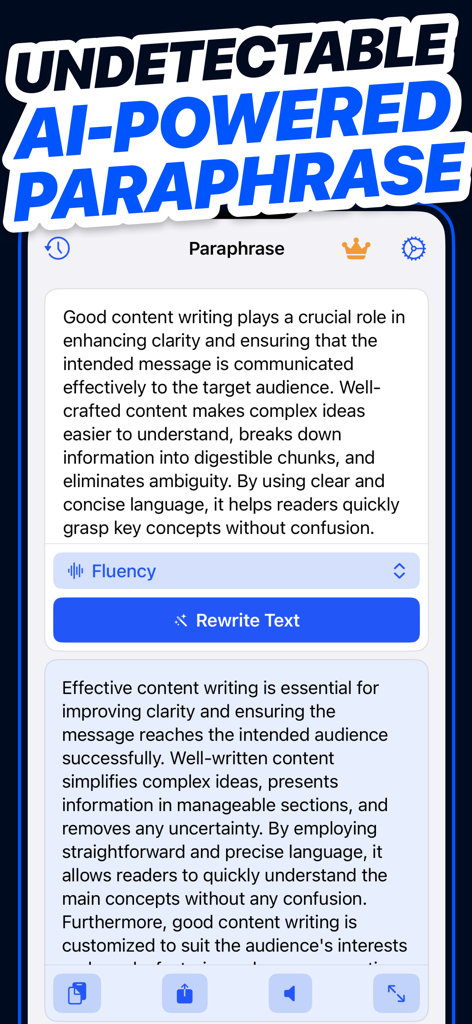 Captura de tela do aplicativo Natural Write mostrando uma ferramenta de paráfrase indetectável com tecnologia de IA, com um modo de fluidez e um botão de reescrita.
