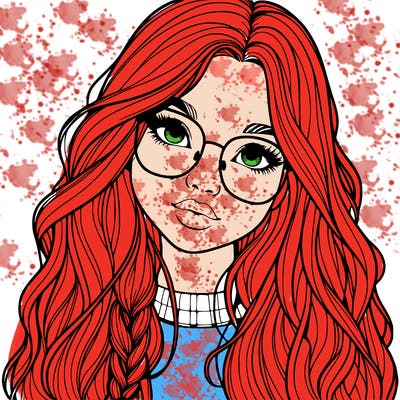 girl with long hair and freckles and glasses realistic