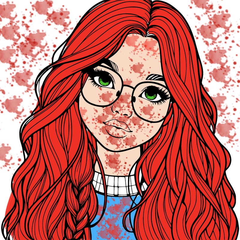 girl with long hair and freckles and glasses realistic