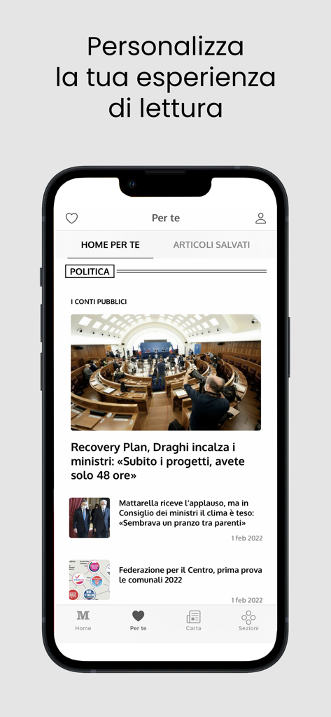 Il Mattino Mobile app screen showing a personalized news feed with political articles in Italian.