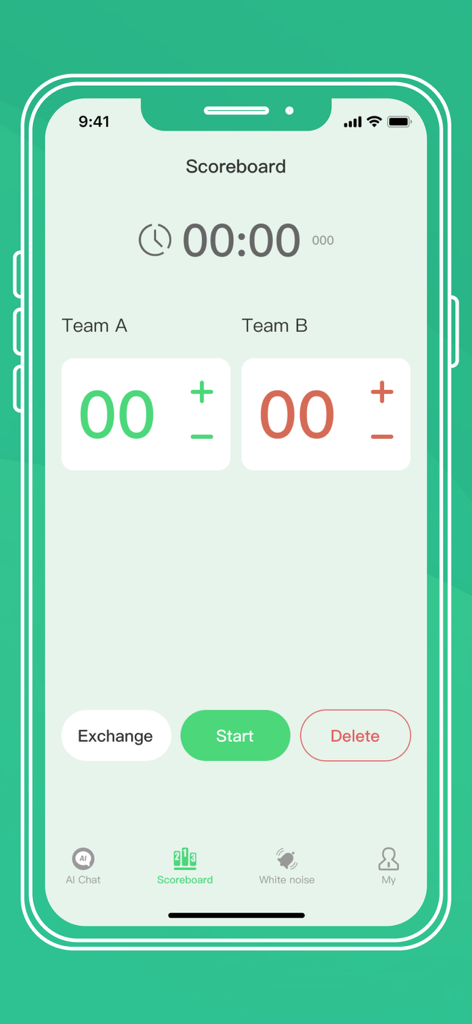 Scoreboard feature interface in the Doppelganger Assistant app showing a timer and team scores