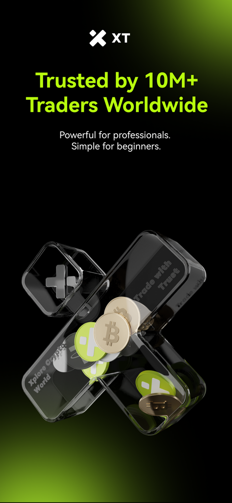 XT.com: Buy Bitcoin & Ethereum - XT.com mobile app landing screen with text stating Trusted by 10M plus Traders Worldwide and 3D crypto coins in an X shape