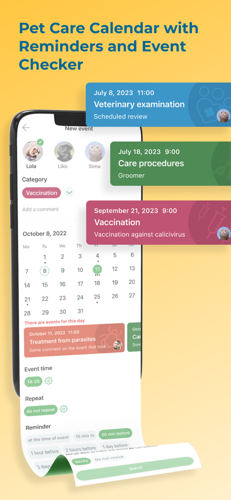 Pet Care, ID & GPS Tracker - Interfaz de la aplicación móvil que muestra un calendario de cuidado de mascotas con exámenes veterinarios programados, vacunas y recordatorios de aseo.