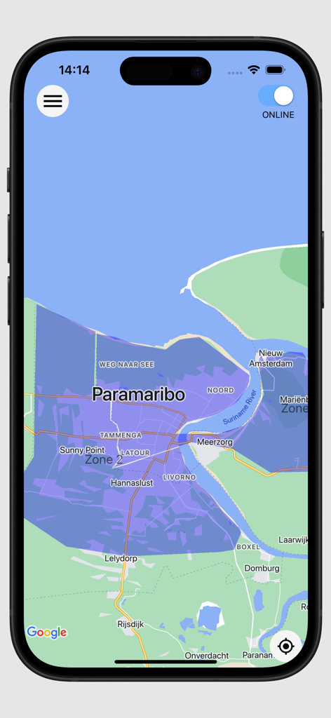 Hertog Taxi Drivers - Hertog Taxi Driver app map interface showing service zones and online status