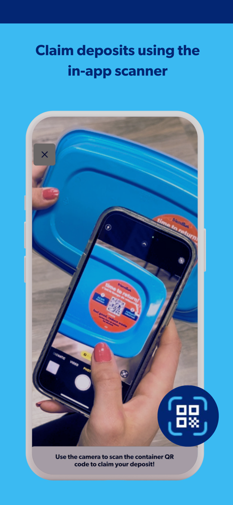 Friendlier - Using the Friendlier app camera to scan a QR code on a reusable food container to claim a deposit